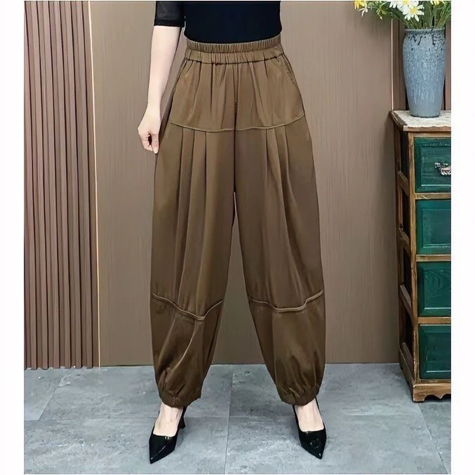 夏季新款冰丝垂感灯笼裤女宽松松紧腰休闲束脚哈伦裤洋气妈妈裤子