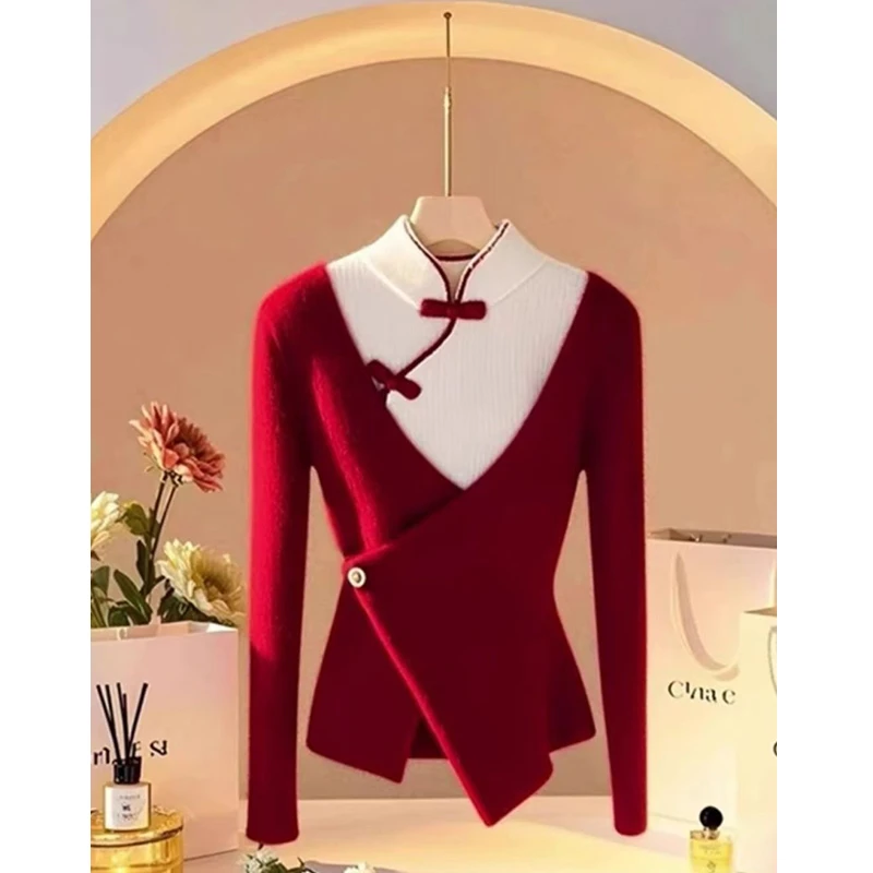 YY#新中式国风红色假两件针织衫上衣冬季新款洋气小衫DY12008
