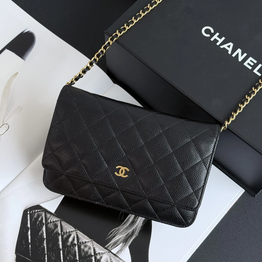 95新 Chanel/香奈儿 香奈儿黑金荔枝皮发财woc单肩斜挎包 22开