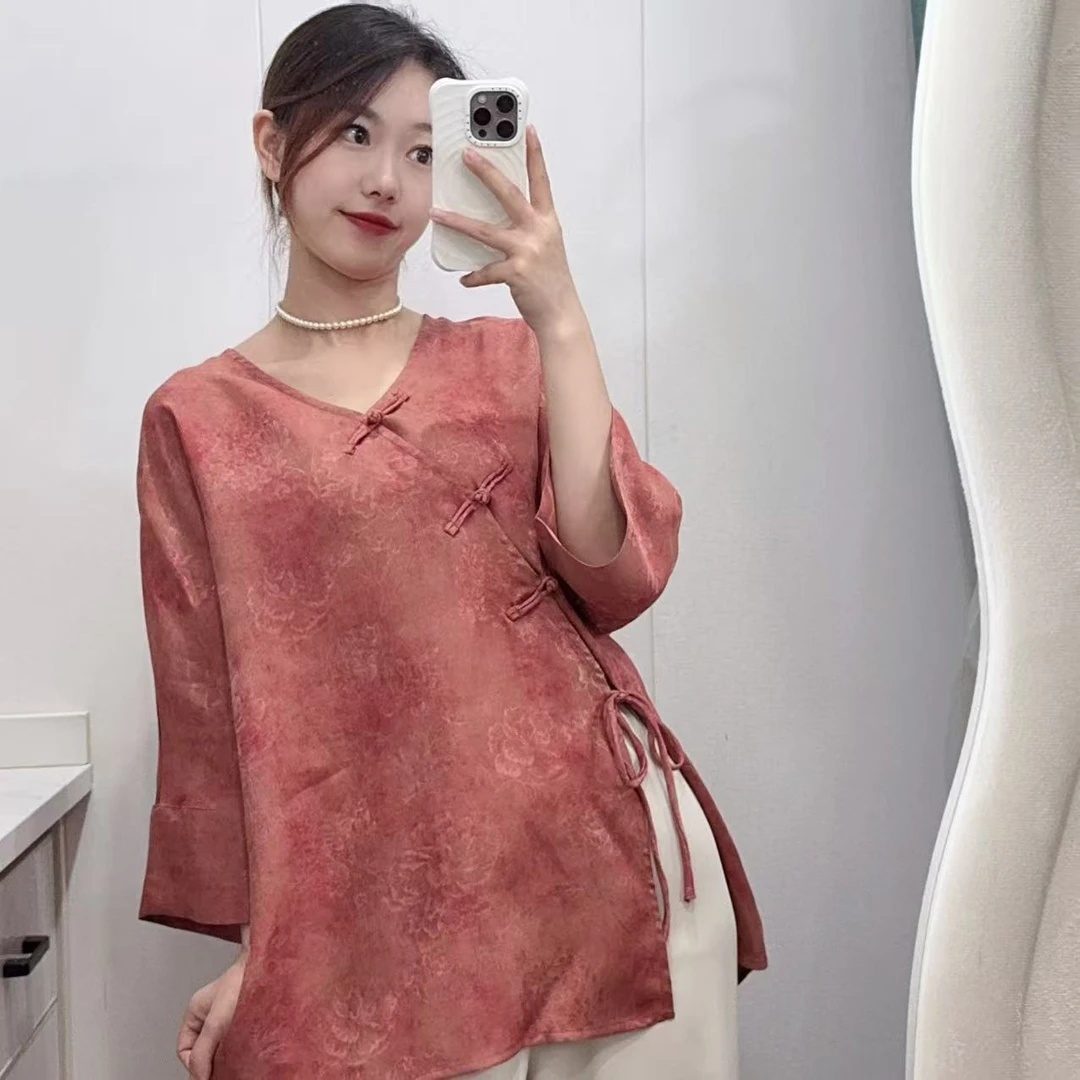 V领毛衫！粉!2025夏季新款百搭气质中式V领桑蚕丝香云纱花萝T恤