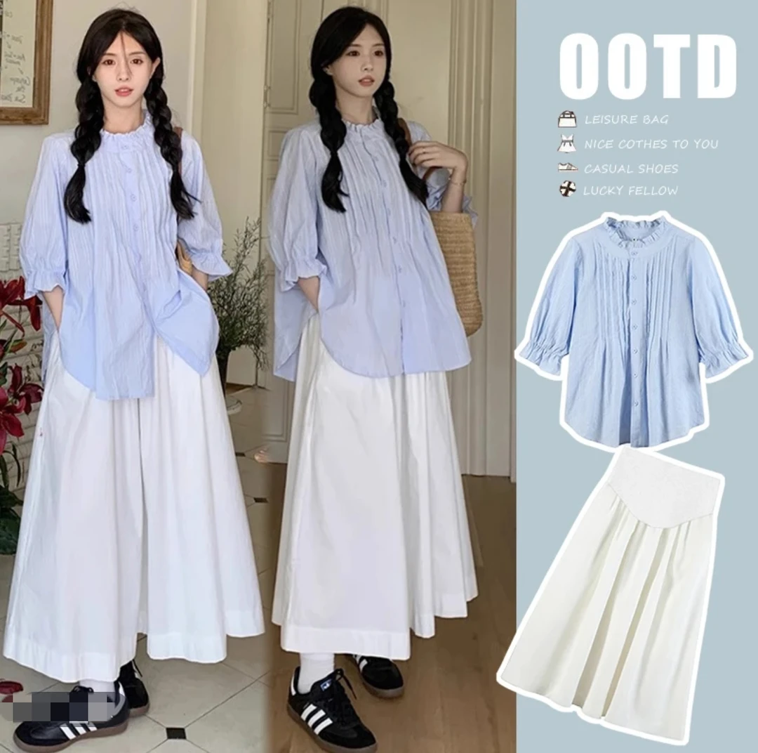2025孕妇装夏装夏季娃娃领衬衣＋半裙托腹可调节
