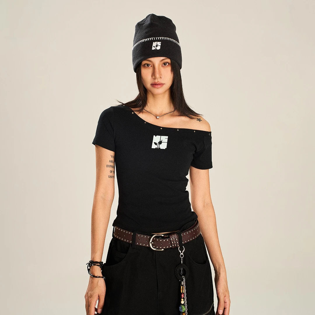 NSTNEW START发芽计划撞钉斜肩短袖T恤女夏季露肩修身显瘦短上衣