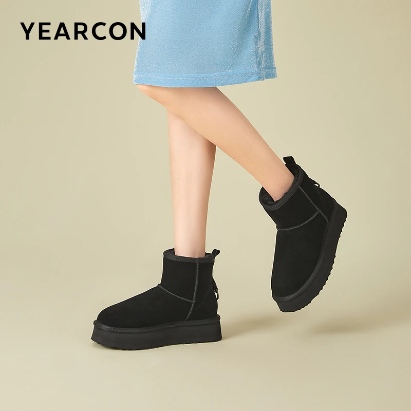 意尔康时尚真皮短靴2025冬季新款休闲防滑加绒女靴滑雪保暖雪地靴