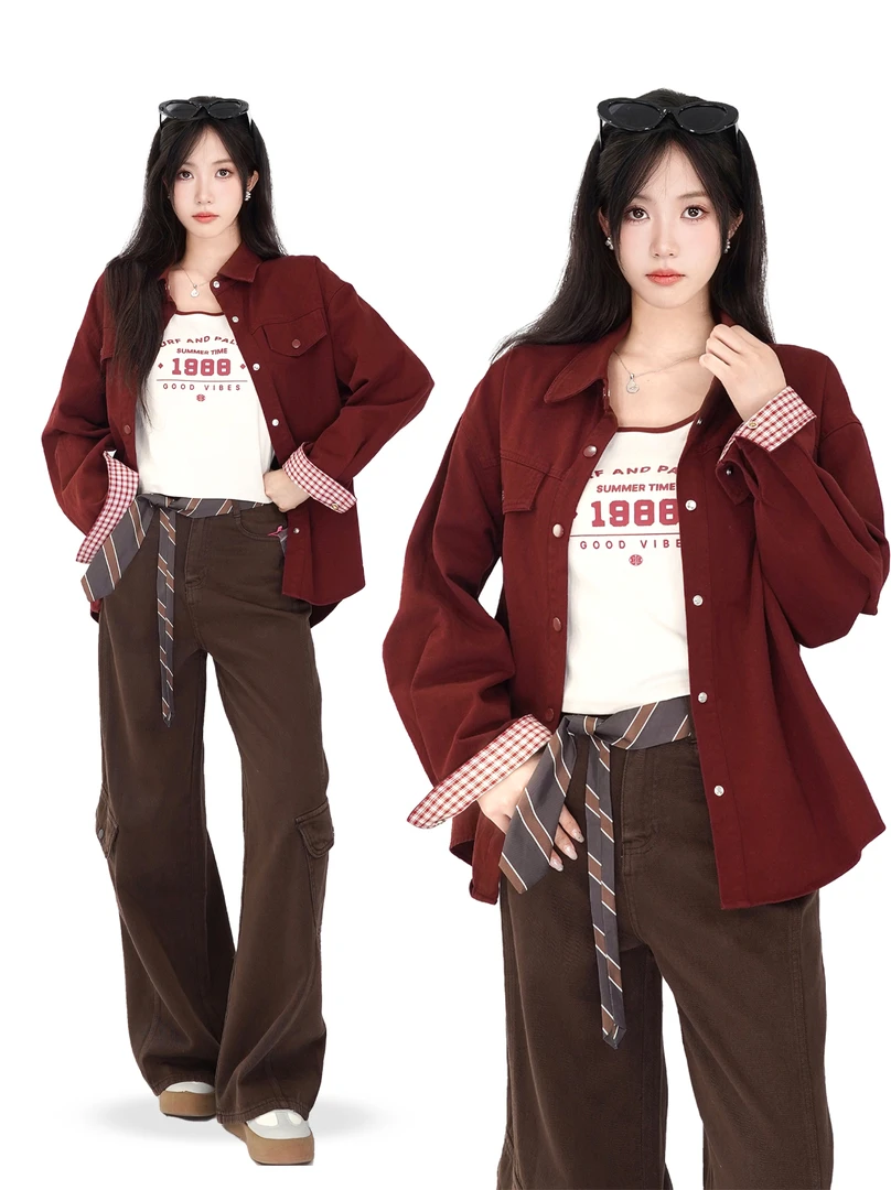 [街调]街头休闲时尚ins宽松型长袖格子宽松上衣牛仔衬衫女美式