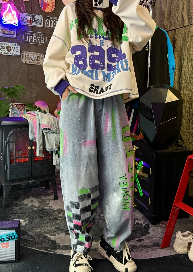 《星河璀璨涂鸦潮牌牛仔裤》春秋高街宽松印花ins嘻哈炸街韩版做旧