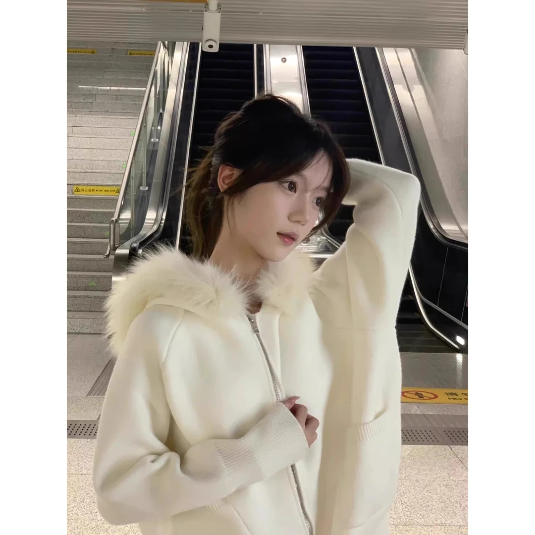 韩系慵懒感毛茸茸白色连帽毛衣外套女秋冬季宽松软糯毛领针织开衫