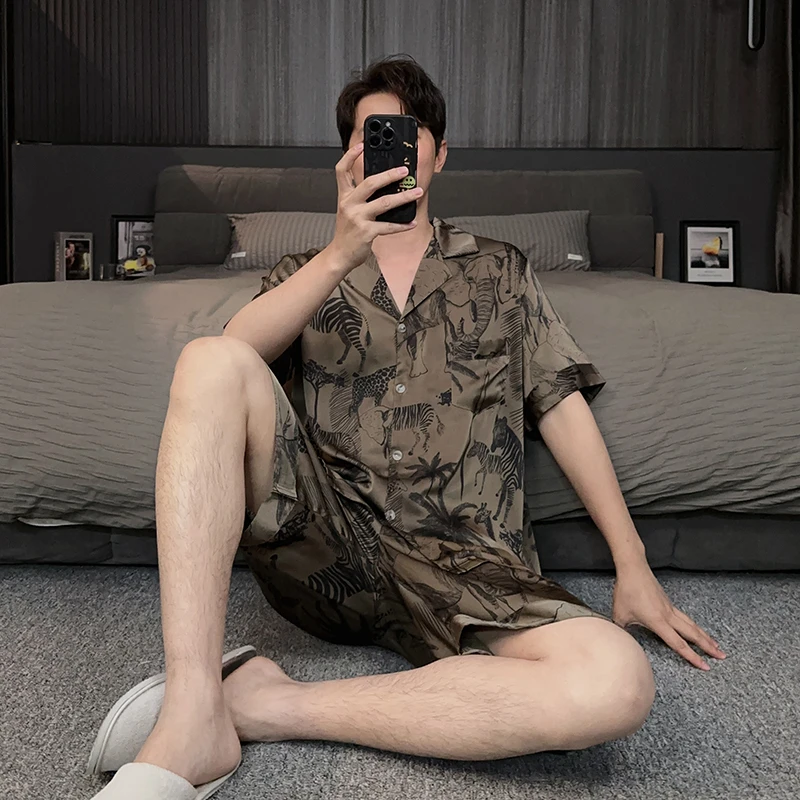 复古风男士冰丝睡衣夏季薄款短袖短裤轻奢可外穿居家服夏天两件套