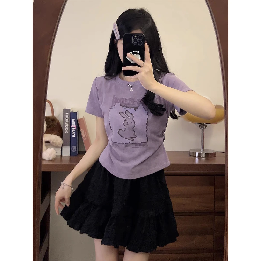 现【大码】8134可爱兔子印花扎染正肩短袖t恤女复古显瘦收腰上衣