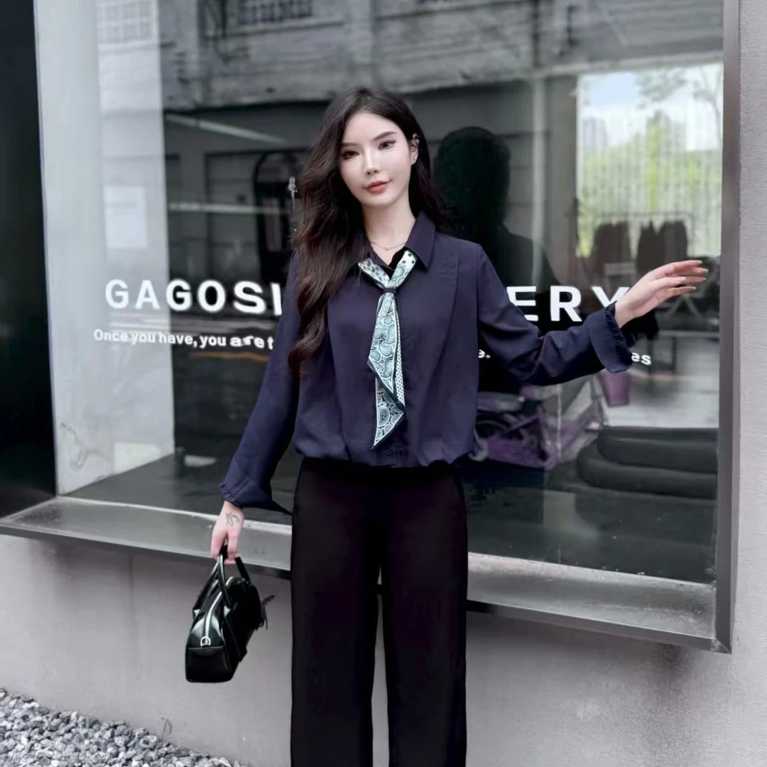 8601【衣长50】时尚丝巾衬衫女2025春秋新款气质百搭翻领衬衣