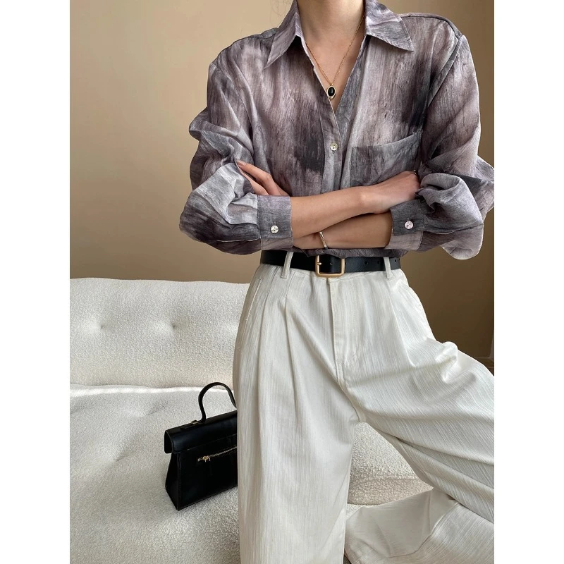 早春新款 天丝莱赛尔艺术水墨渐变晕染垂感宽松衬衫 SN7051