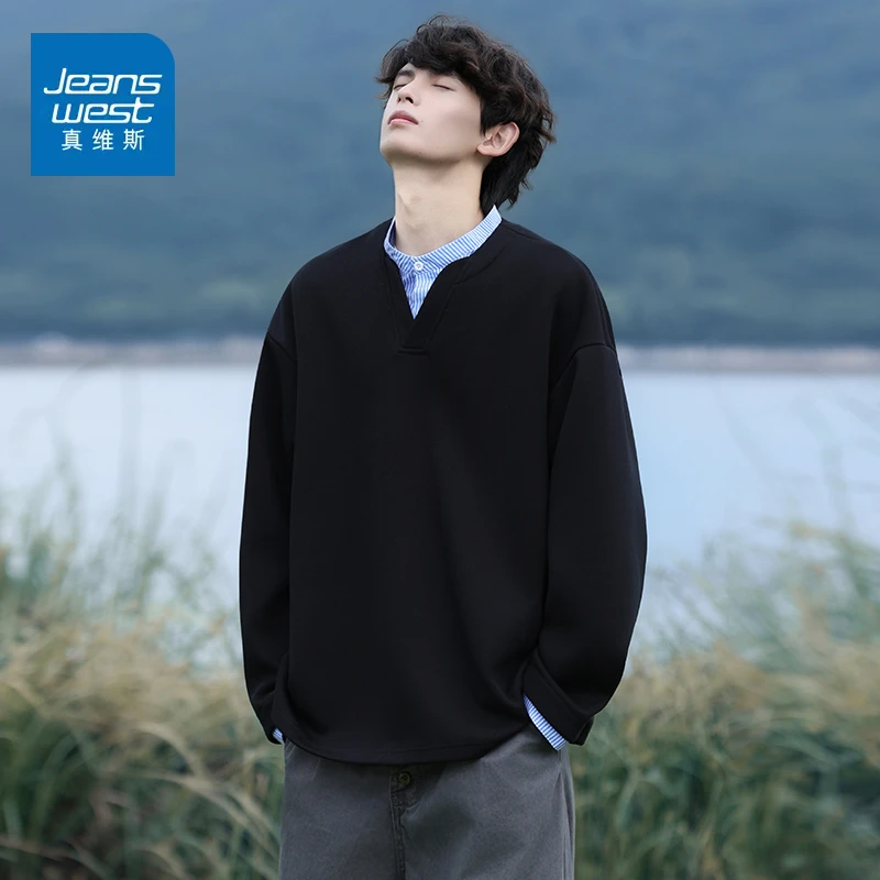 真维斯长袖t恤男秋季美式休闲假两件卫衣男款宽松复古衬衫领上衣T