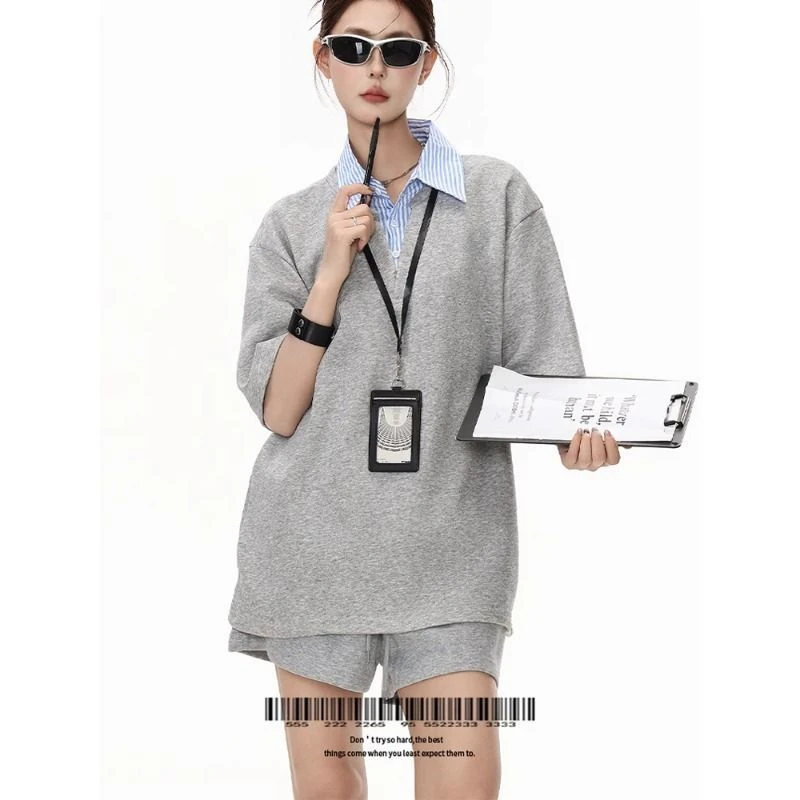 高级设计感解构拼接假两件衬衫短袖T恤美式夏季潮牌polo宽松半袖