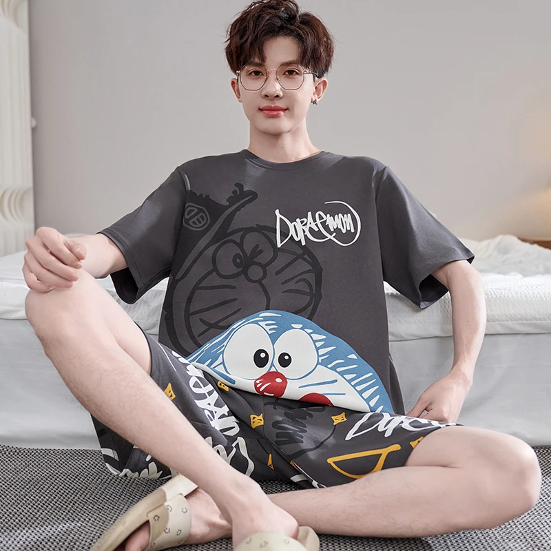 纯棉男睡衣夏季短袖短裤薄款青少年卡通学生夏天加大码男士家居服