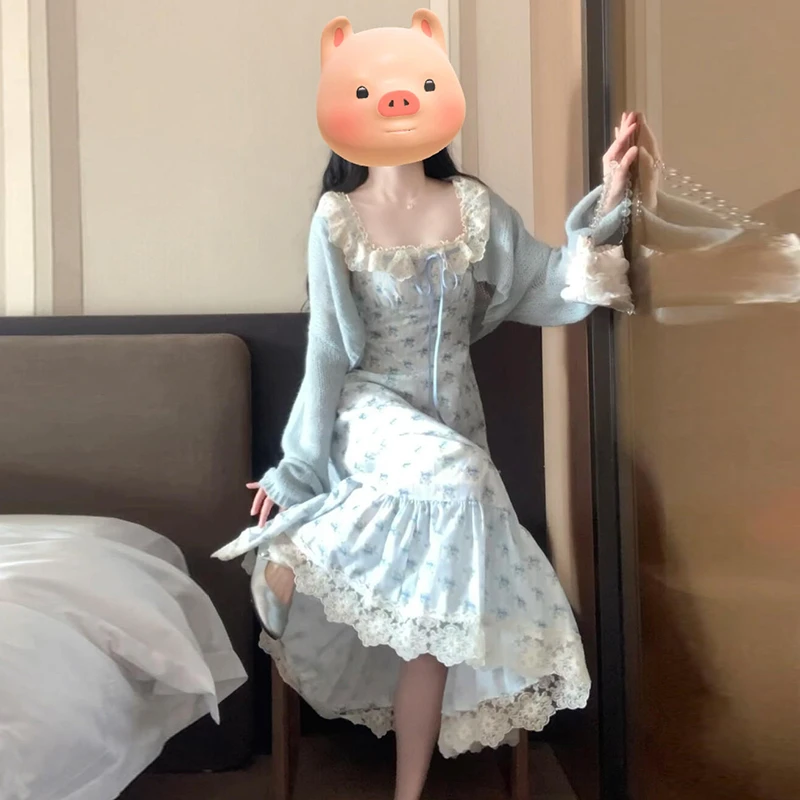 法式蓝色碎花方领吊带连衣裙子女夏季2025年新款开春韩系穿搭套装