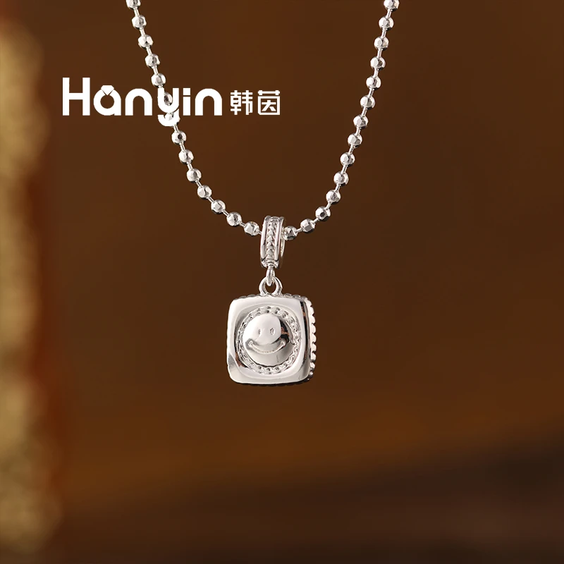 铜合金项链 极简个性立体方形笑脸双面吊坠时尚气质百搭项链
