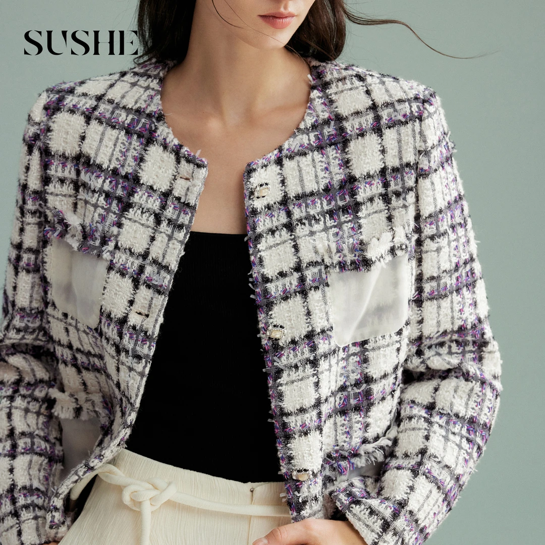 束皙SUSHE 云纬 气质香风 定染格纹羊毛粗花呢圆领挺阔箱型短外套