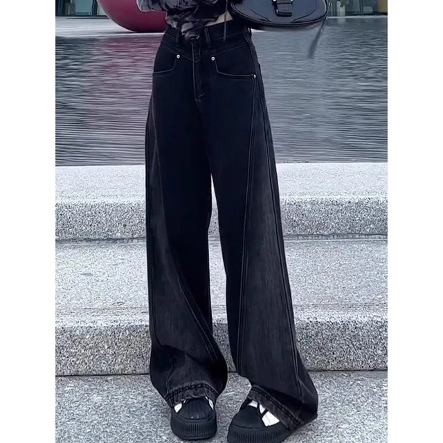 黑灰色欧美高腰阔腿牛仔裤女大码胖mm新款宽松显瘦直筒拖地裤子夏