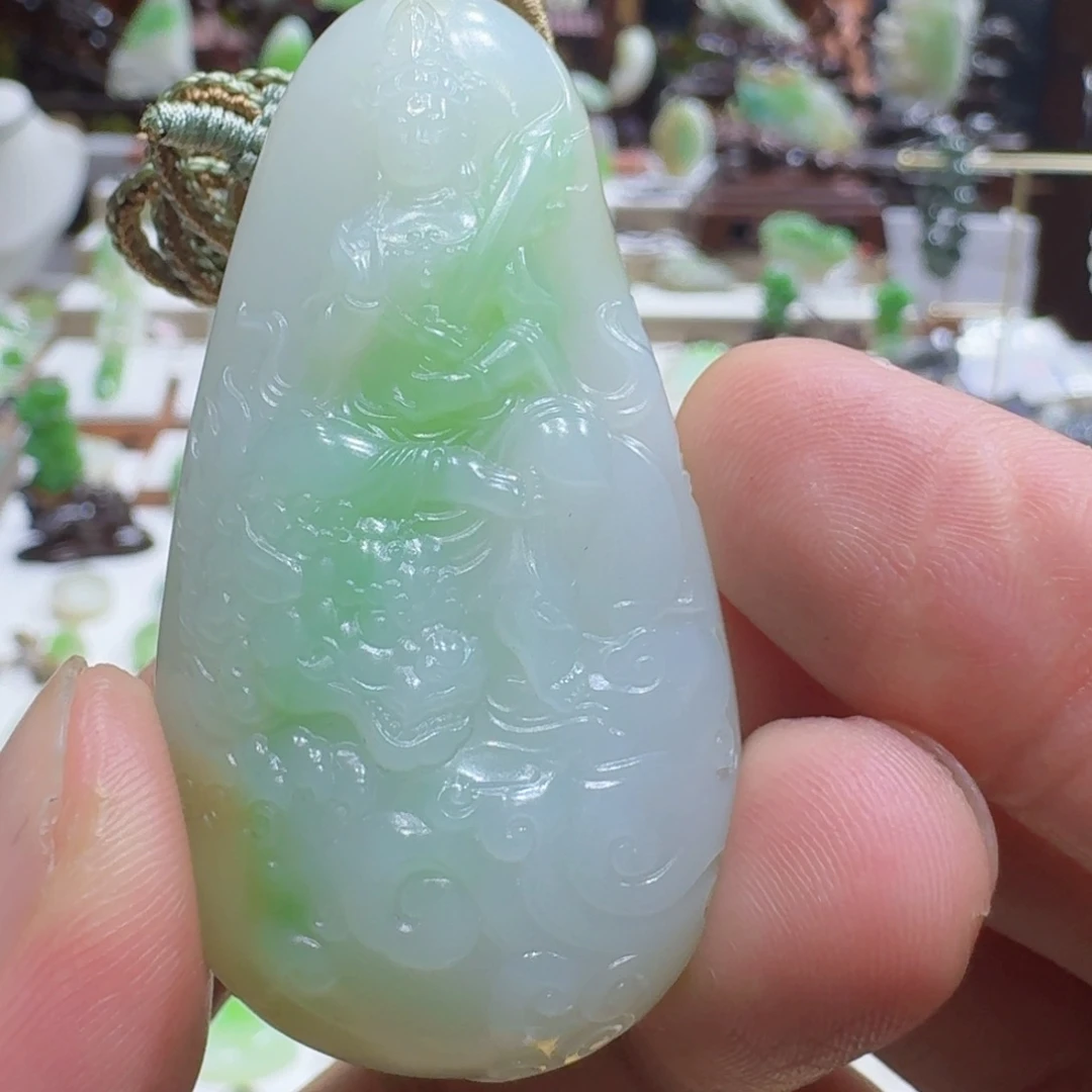 和田玉（翠青玉）未镶嵌挂件和田玉翠青文殊菩萨