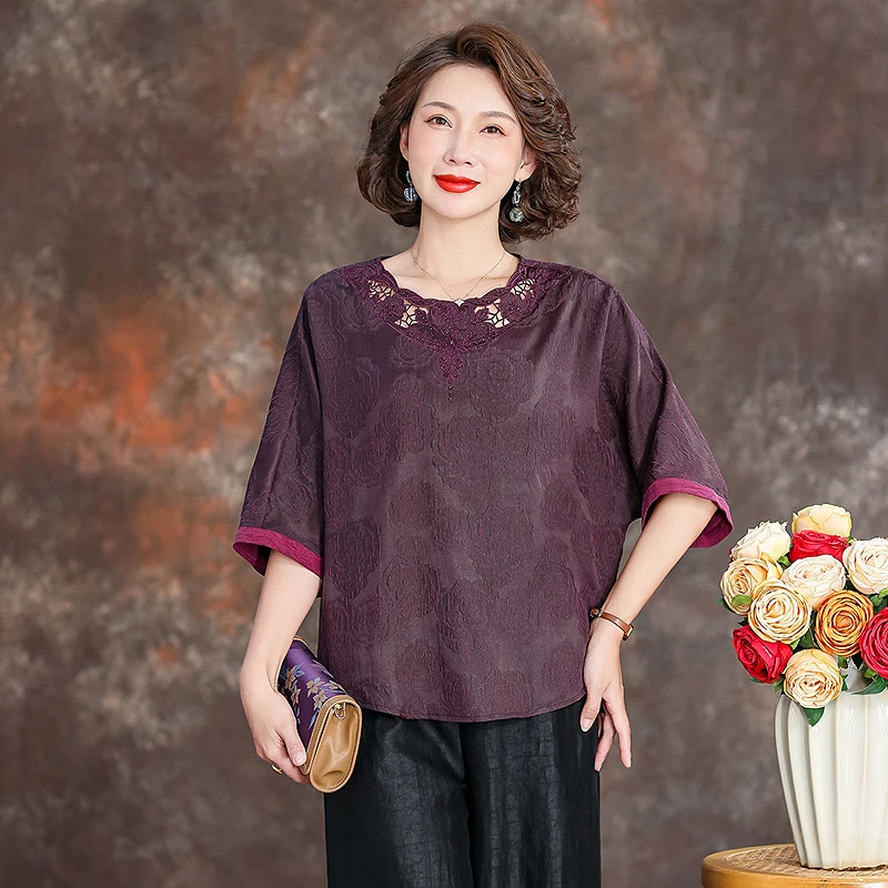 齐黛品牌香云纱上衣女2025新款圆领刺绣复古妈妈宽松真丝衬衫