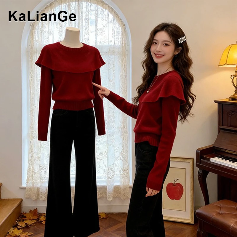 卡莲格/荷叶边拼接斗篷显瘦毛衣女秋冬季新年发财打底本命年上衣