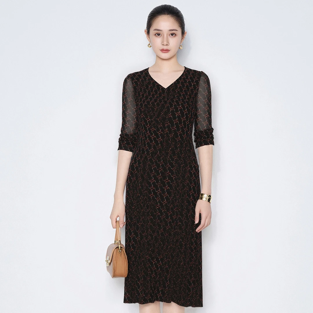 VHSA27连衣裙显瘦气质长袖时尚黑色妈妈裙连衣裙