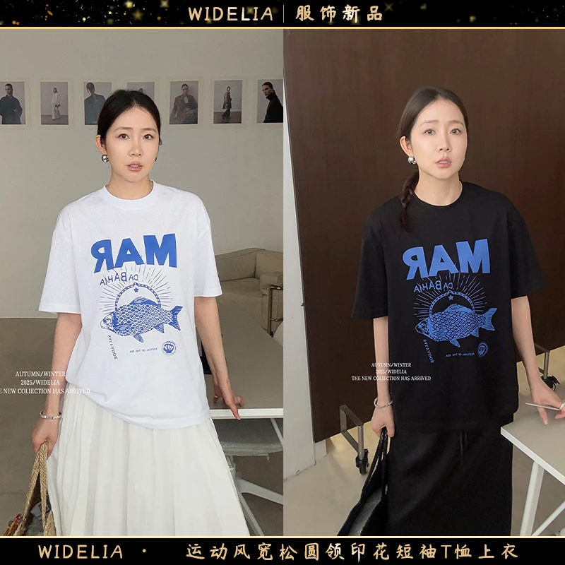 widelia陈魅儿2025春夏新款运动风宽松圆领印花短袖T恤上衣738025