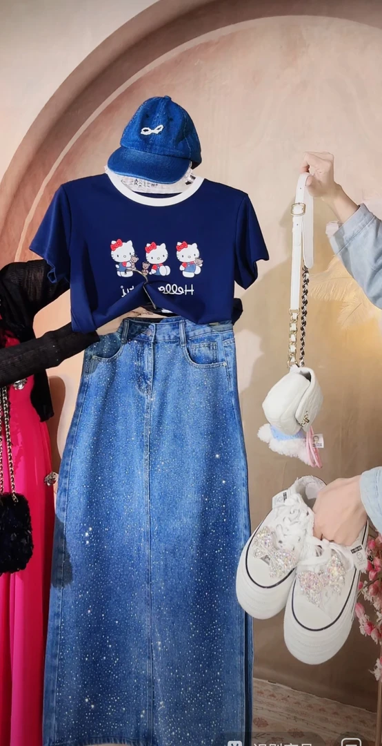 【崔】B0088 春季2025新款高腰显瘦百搭休闲重工烫钻牛仔半身裙