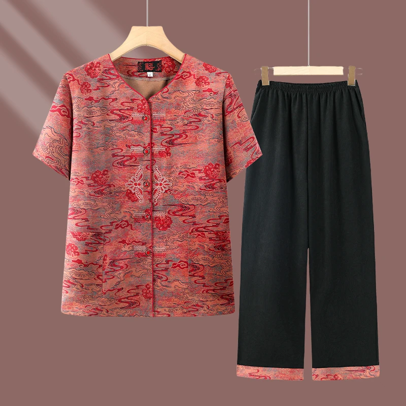 奶奶夏装短袖七分裤两件套中老年人妈妈中年老人薄款套装婆婆套装