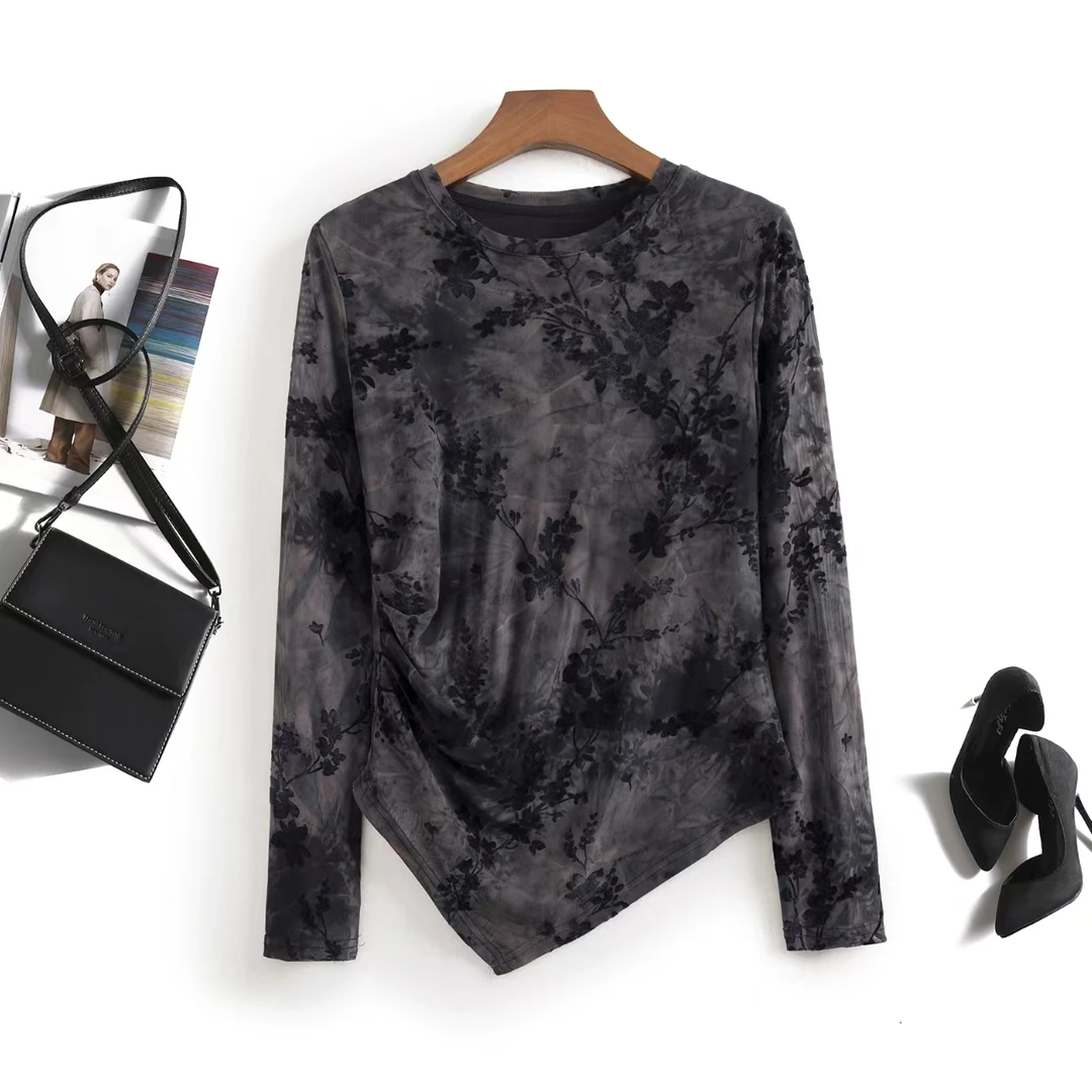 静姐  新款圆领植绒提花网纱国风百搭上衣 25139