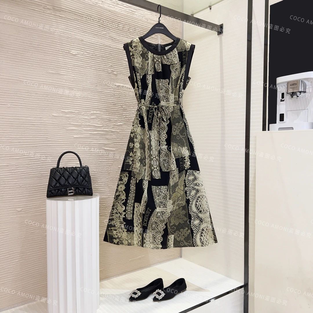 2025夏日轻奢设计师爆款拼接重工碎花显瘦气质连衣裙WX1007