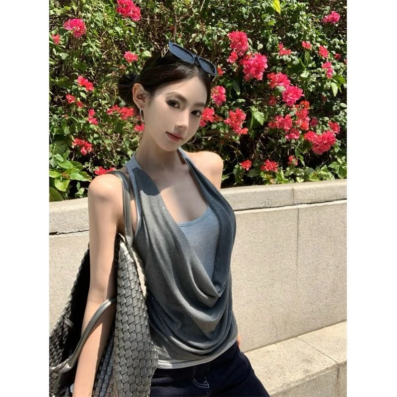 夏季新款小心机设计感撞色拼接吊带背心女小众假两件荡领挂脖上衣