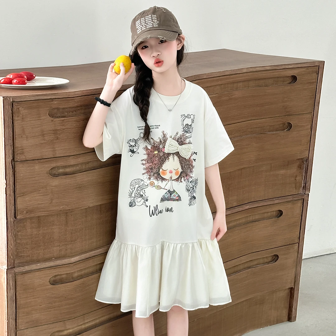女童夏装连衣裙2025新款洋气儿童夏季短袖T恤女孩休闲拼接裙子潮
