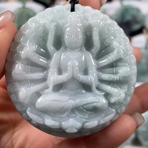 翡翠颈饰未镶嵌山水千手观音两面工福利翡翠有棉线福利