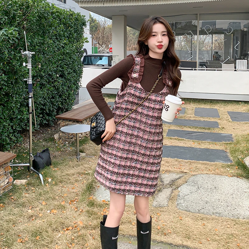 小香风粉色格子时尚套装背带裙女2025秋季新款打底衫吊带裙两件套