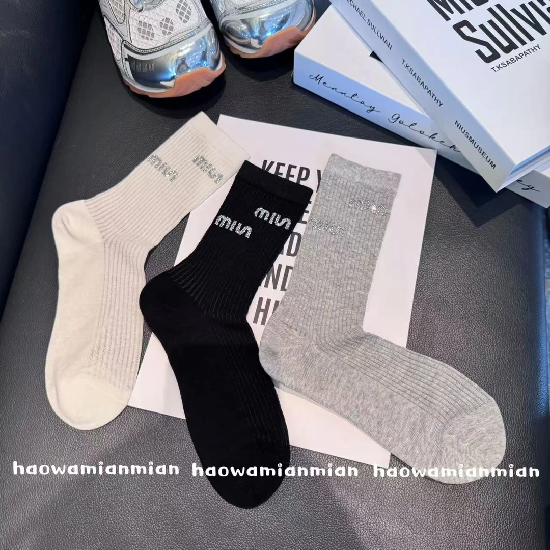 冰丝薄棉烫钻袜子女中筒袜ins潮春夏新款外穿简约堆堆袜显瘦百搭
