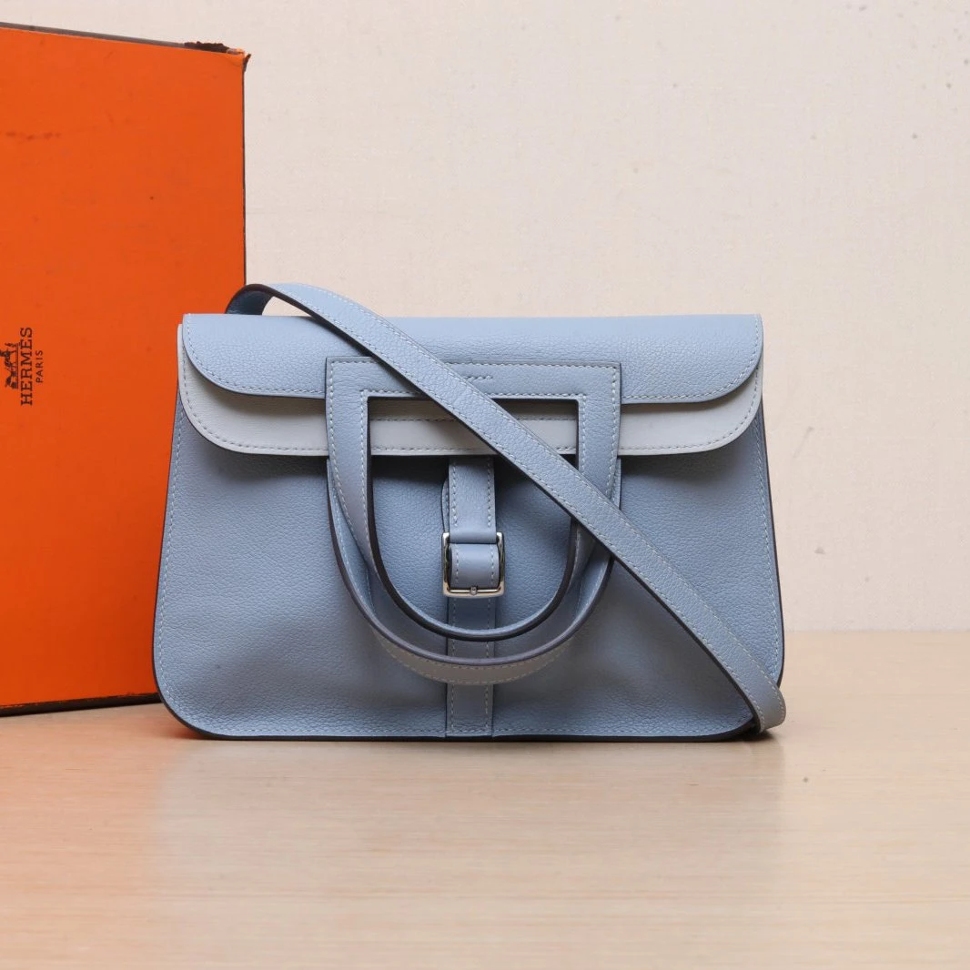 95新 Hermes/爱马仕 花花 Halzan 25 亚麻蓝 TC皮 U刻 银扣