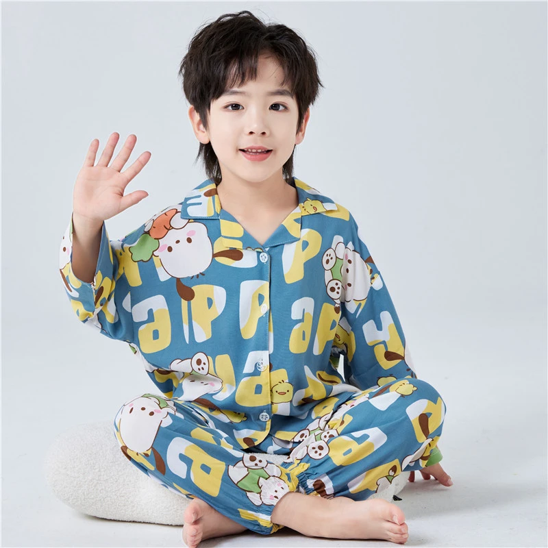 儿童睡衣薄款家居服夏天套装夏季新男童开衫七分袖女童棉绸空调服