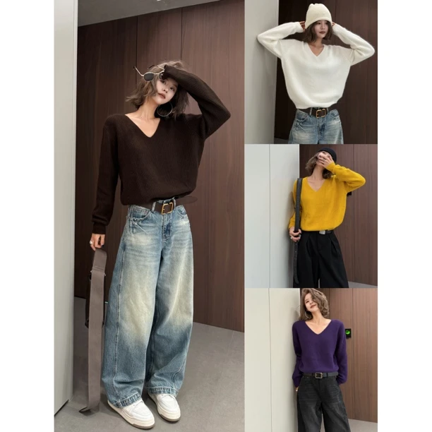 Aila｜秋冬新款百搭时尚v领短款韩版复古小众长袖毛衣上衣针织宽松