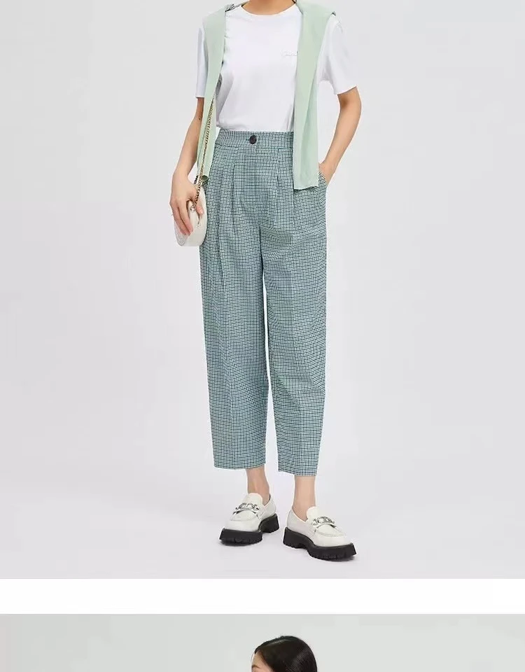 NO退换绿色格子休闲长裤年轻减龄