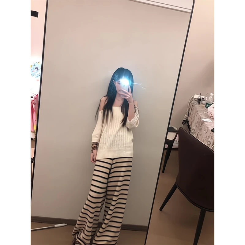 2025新款女士夏季法式麻花斜肩宽松套头针织衫上衣高腰条纹休闲裤