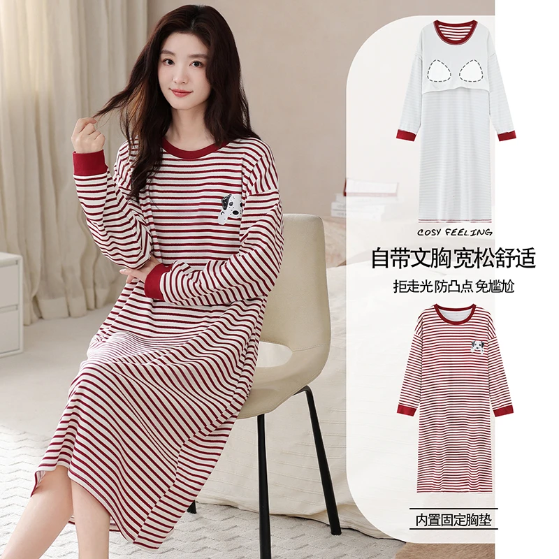 带胸垫5XL超大码睡裙女春秋季纯棉长袖可外穿胖MM200斤休闲家居服