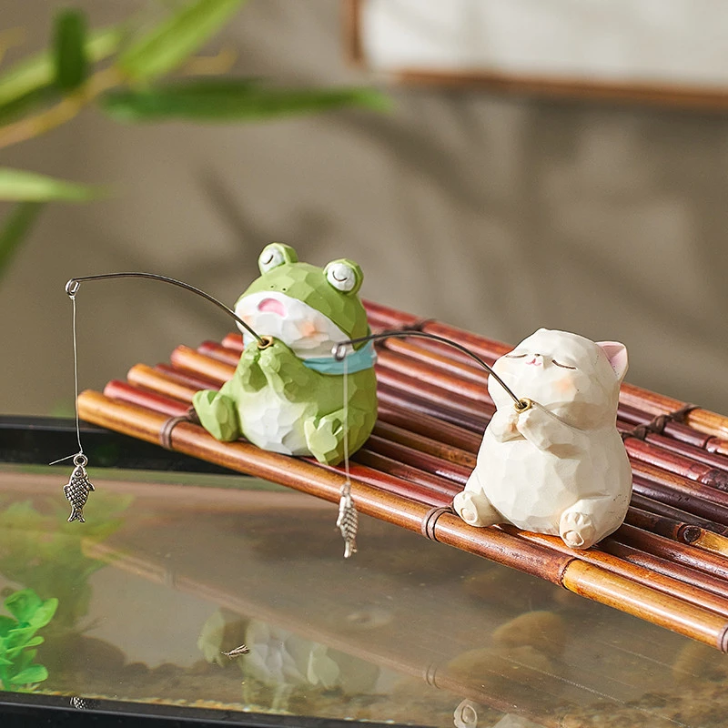 创意青蛙小猫咪钓鱼摆件生态鱼缸造景装饰品龟缸可爱治愈系微景观