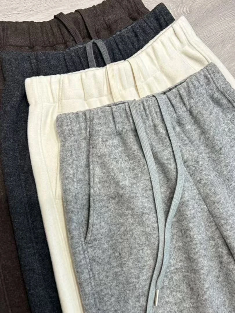 深圳南油弯刀抽绳羊毛裤女秋冬新款宽松显瘦休闲长裤松紧腰弯刀裤