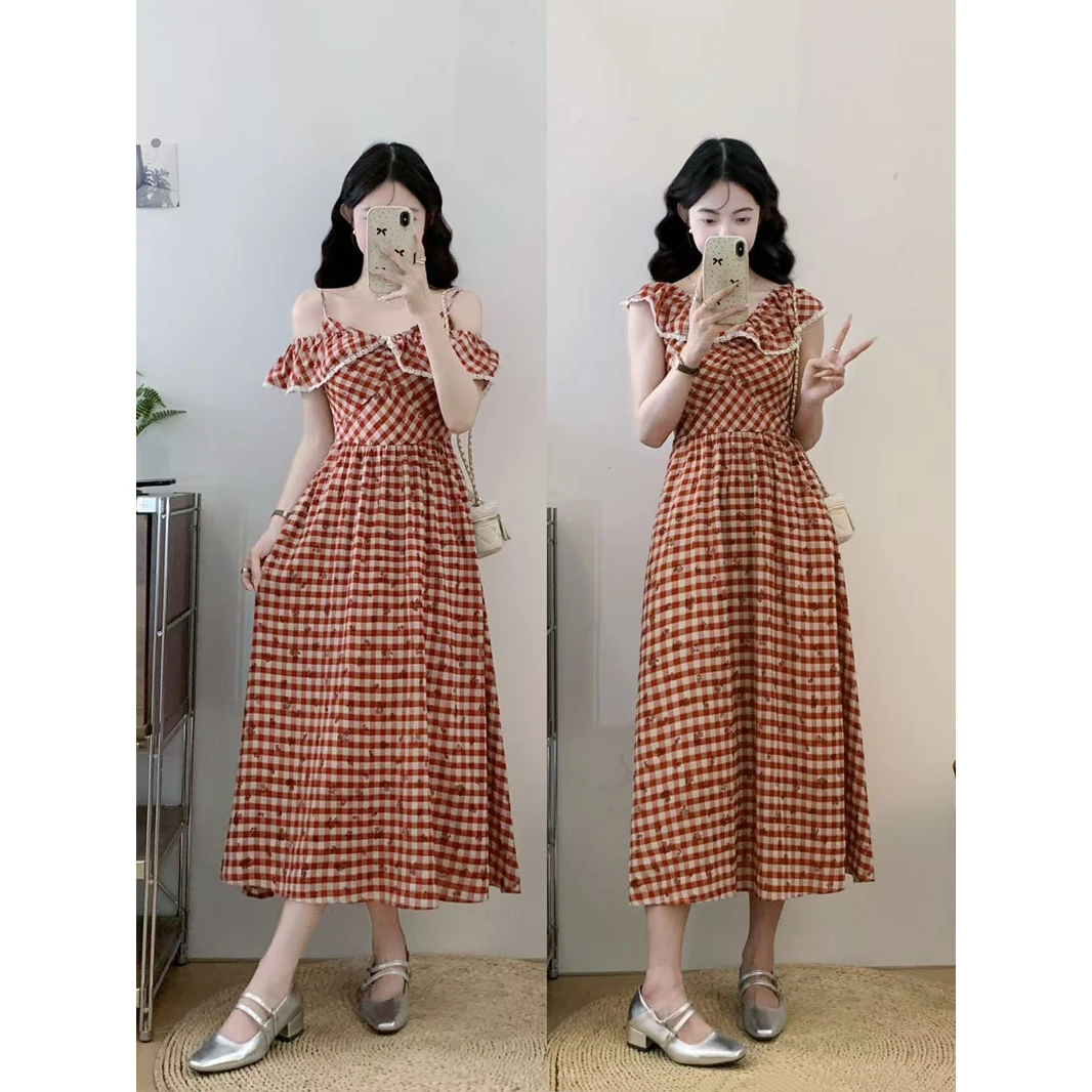 大码女装夏季新法式复古露肩吊带小众胖设计感连衣裙