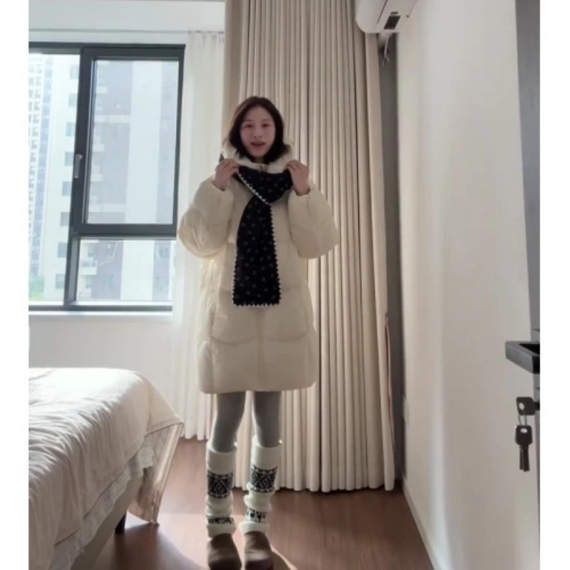 MARIE.COCO韩系新款温柔少女杏色连帽加厚长款棉服秋冬面包服外套