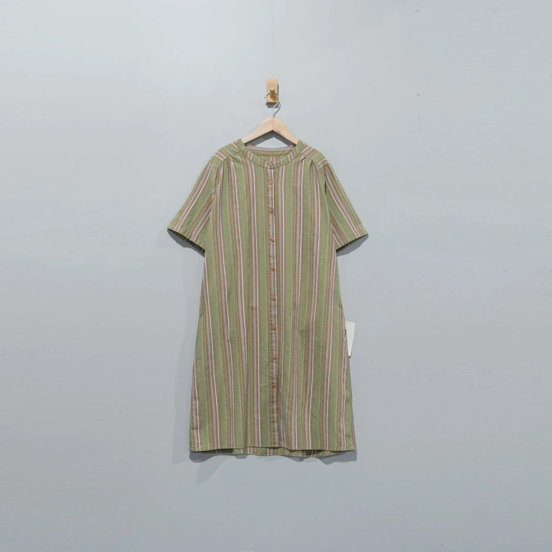 【且听风吟】0314270文艺棉麻复古立领条纹连衣裙  裙长108 胸围134