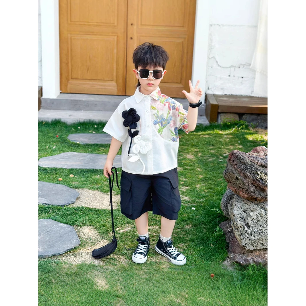 男童夏装短袖套装2025新款潮酷儿童衬衫两件套小少爷夏季炸街衣服