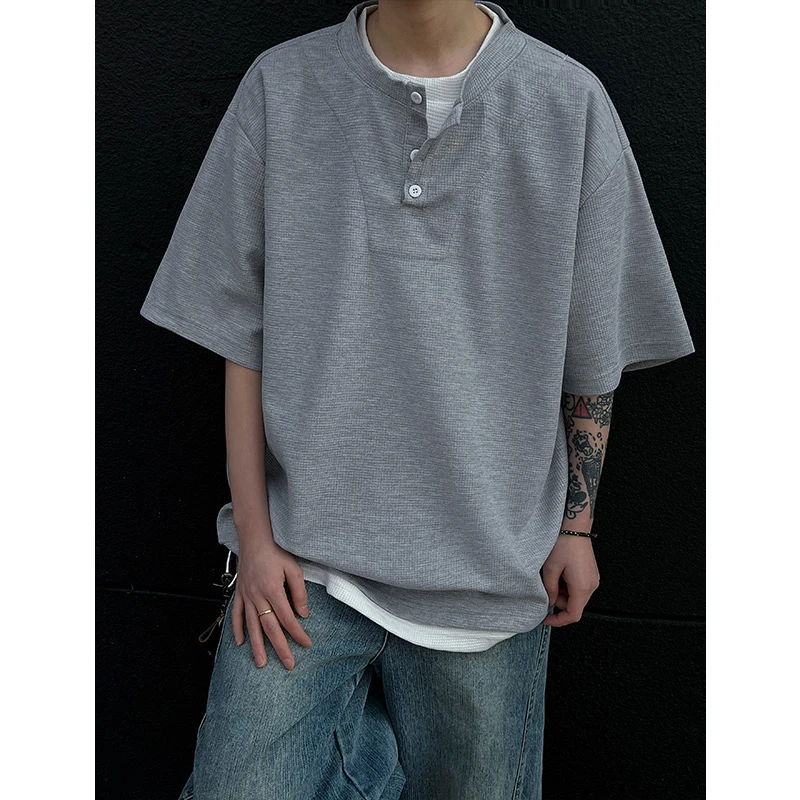 隐匿者假两件亨利领男士短袖2025夏季新款百搭美式大码纯色短袖男
