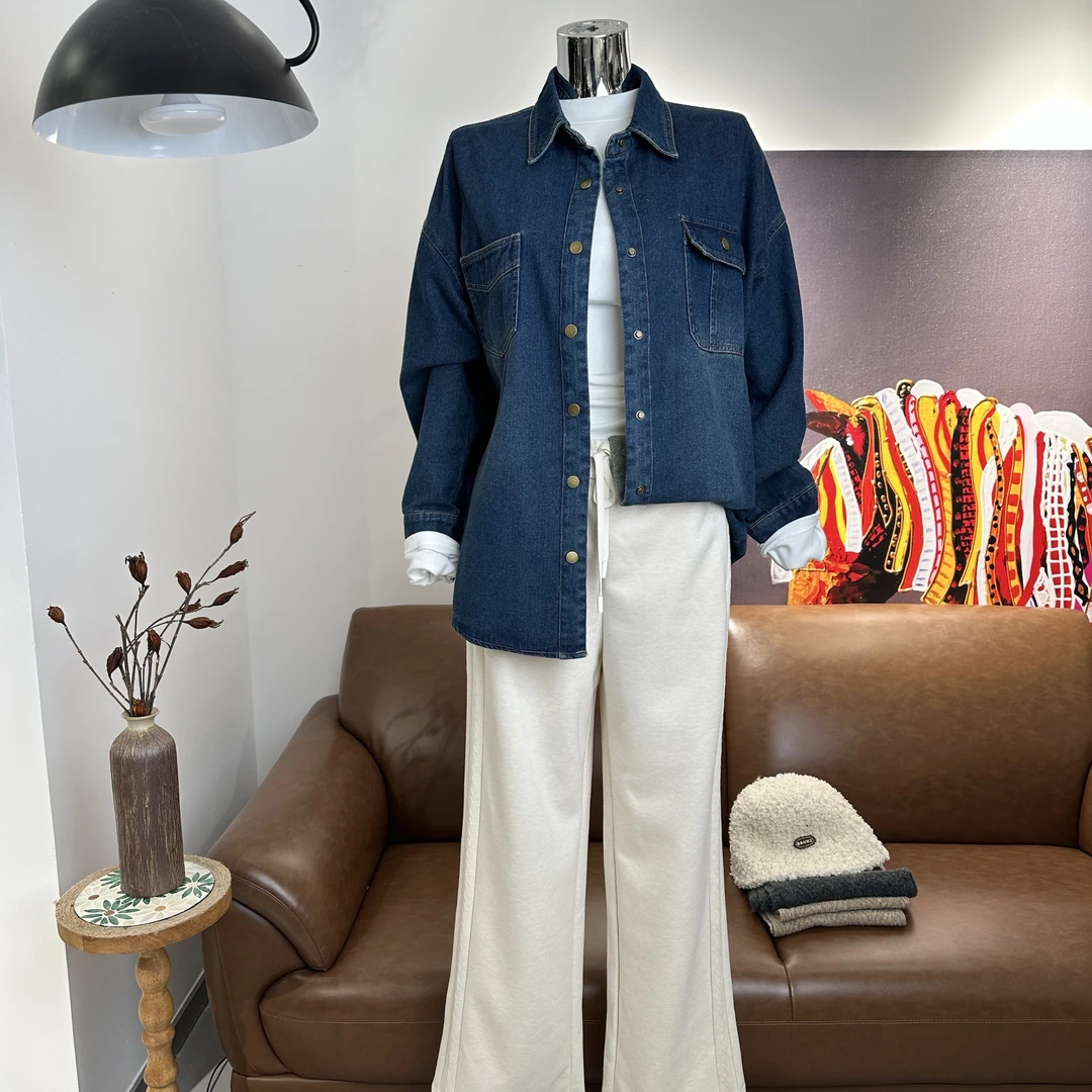 女士中长款加绒加厚复古牛仔衬衫秋冬休闲宽松叠穿内搭外套