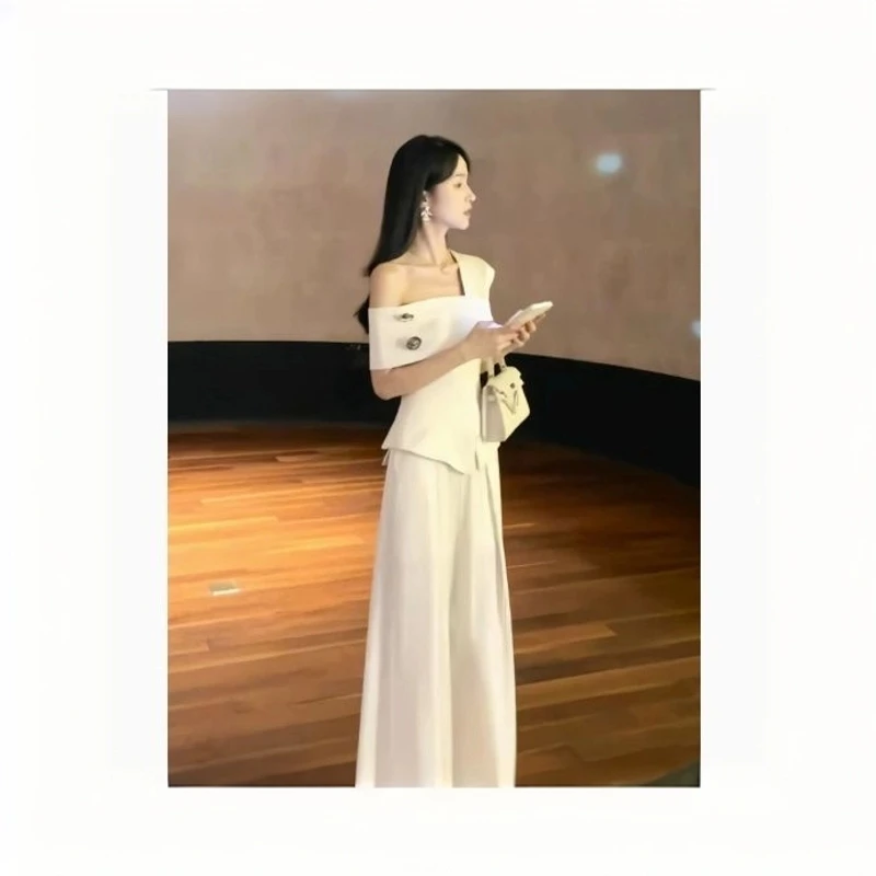 5427新款小众设计2025感御姐风米白色露肩上衣高腰阔腿长裤